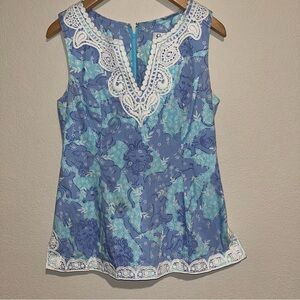 Lilly Pulitzer Blue Floral Cotton  Sleeveless Blouse Top White Embroidery Sz 6